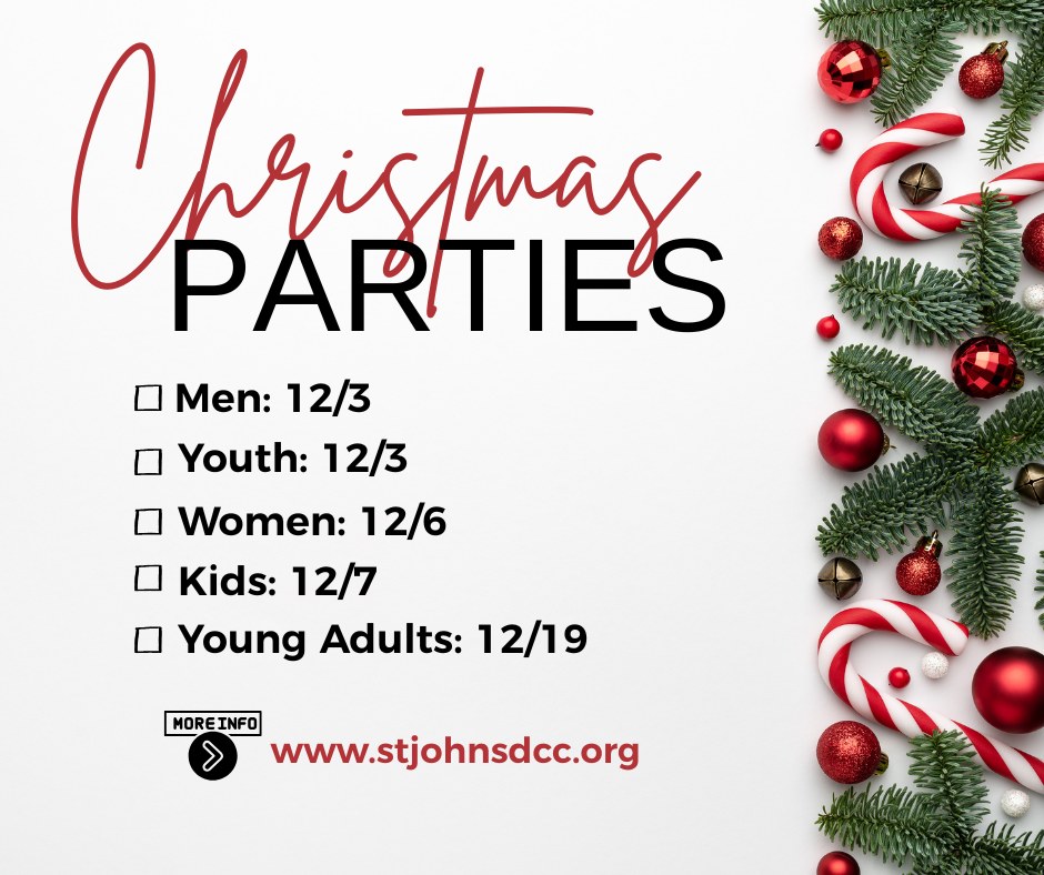 🎄 Save the Date: Christmas Connect Parties are coming! 🎁✨

There’s literally a Christmas party for EVERYONE this year - this is a perfect time to invite a friend, too!

📅 Dates & times vary by group 
📍 Parties held at various locations
✨ Sign-up is NOW OPEN!

Head to the website → click “Happenings” → find your Christmas Connect Party and reserve your spot today! 

We can’t wait to celebrate this special time with YOU! ❤️

#DCCChristmasConnect #stjohnsdcc