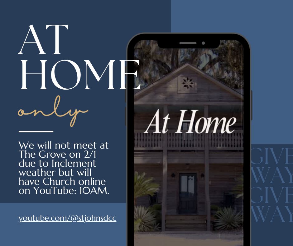 Sunday is our special, "At Home" service where we will tune into our YouTube channel at 10am 🔗 youtube.com/@stjohnsdcc

💡 Remember, are NOT meeting in-person due to inclement weather.

🙌  Great way to worship with family and friends! 

#churchathome #athome #churchonline #stjohnsdcc 

Save | Like | Share