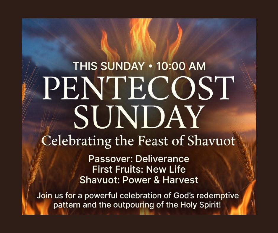 It’s Sunday Pentecost Sunday! 🔥 Join us as we celebrate the powerful Feast of Shavuot (Pentecost) — and God’s beautiful redemptive pattern! 

👣 From Slavery to 👣 Freedom to 👣 Fullness:

⛓️‍💥Passover — God’s mighty Deliverance 
⛓️‍💥First Fruits— The promise of New Life and resurrection 
⛓️‍💥Shavuot / Pentecost— The “50th day” of power, harvest, and the outpouring of the Holy Spirit!

Just as God delivered Israel from Egypt at Passover, raised Jesus as the First Fruits of resurrection, and poured out His Spirit on Shavuot — He is still moving in power today! 🔥

✨ Come experience fresh fire, freedom, and the blessing of God’s presence.

You’re invited!
🌿 La Venture Grove
📍 Along the St. Johns River
📅 Sunday | 10:00 AM

Tag a friend — bring a friend — this is going to be a powerful time of worship, teaching, and celebration! 

See you there! 🔥🙌

#PentecostSunday #Shavuot #HolySpirit #GodsPromises #stjohnsdcc
