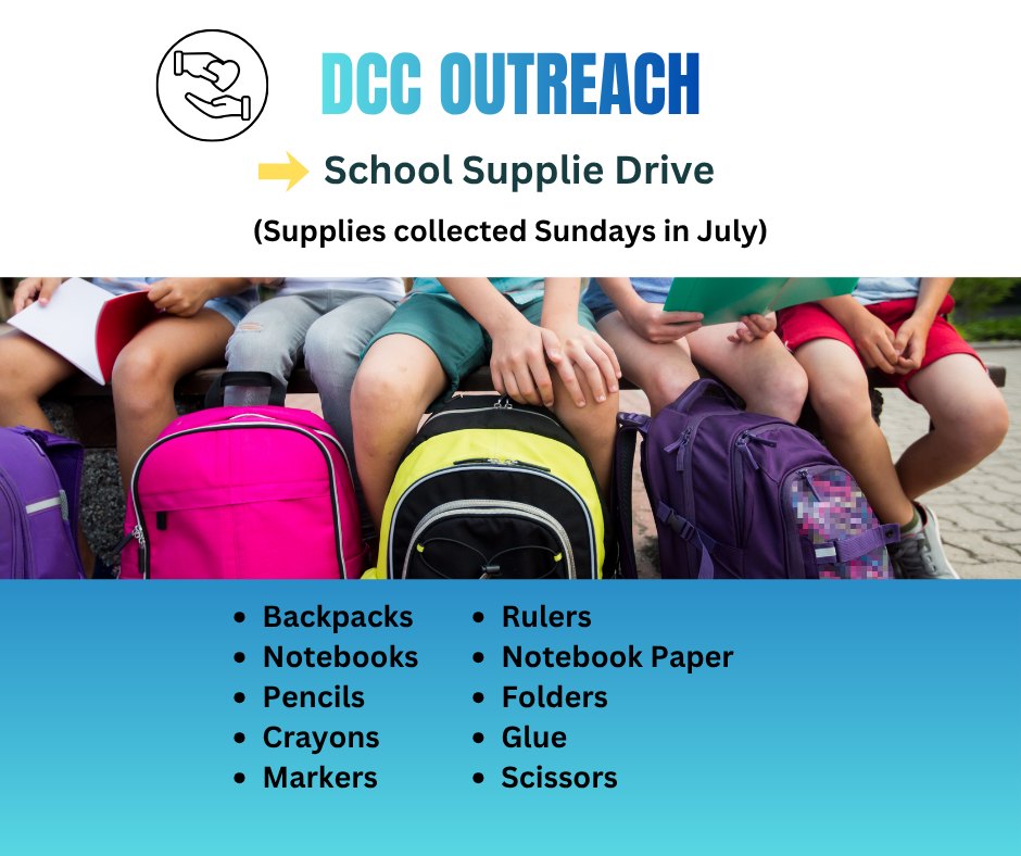 CHURCH:
We have an opportunity to BE the church by collecting SCHOOL SUPPLIES for our community. Items can be dropped off in our OUTREACH BIN any Sunday in July.

💫 Backpacks
💫 Notebooks
💫 Pencils
💫 Crayons
💫 Markers
💫 Rulers
💫 Notebook Paper
💫 Folders
💫 Glue
💫 Scissors

Thank you for your heart to "BE" the church!