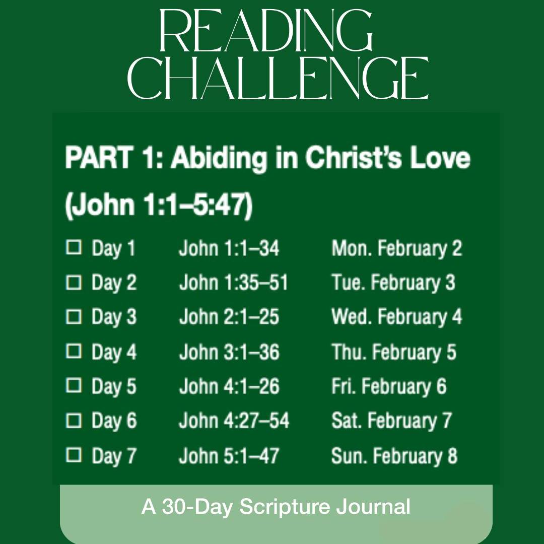 Start your READING CHALLENGE today with our 30-day Gospel of John plan. Visit our website to print off your bookmark, and let's learn to abide in Christ (John 15:7)!

#gospelofjohn #30daychallenge #biblereading #stjohnsdcc